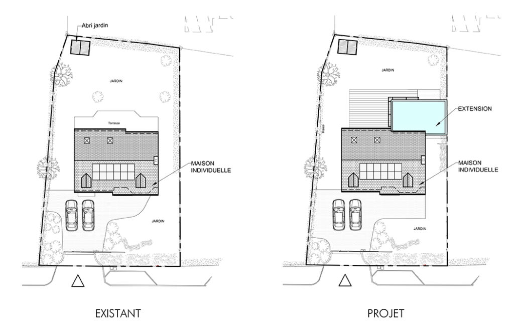 Plan masse extension et existant maison à Saint André des Eaux